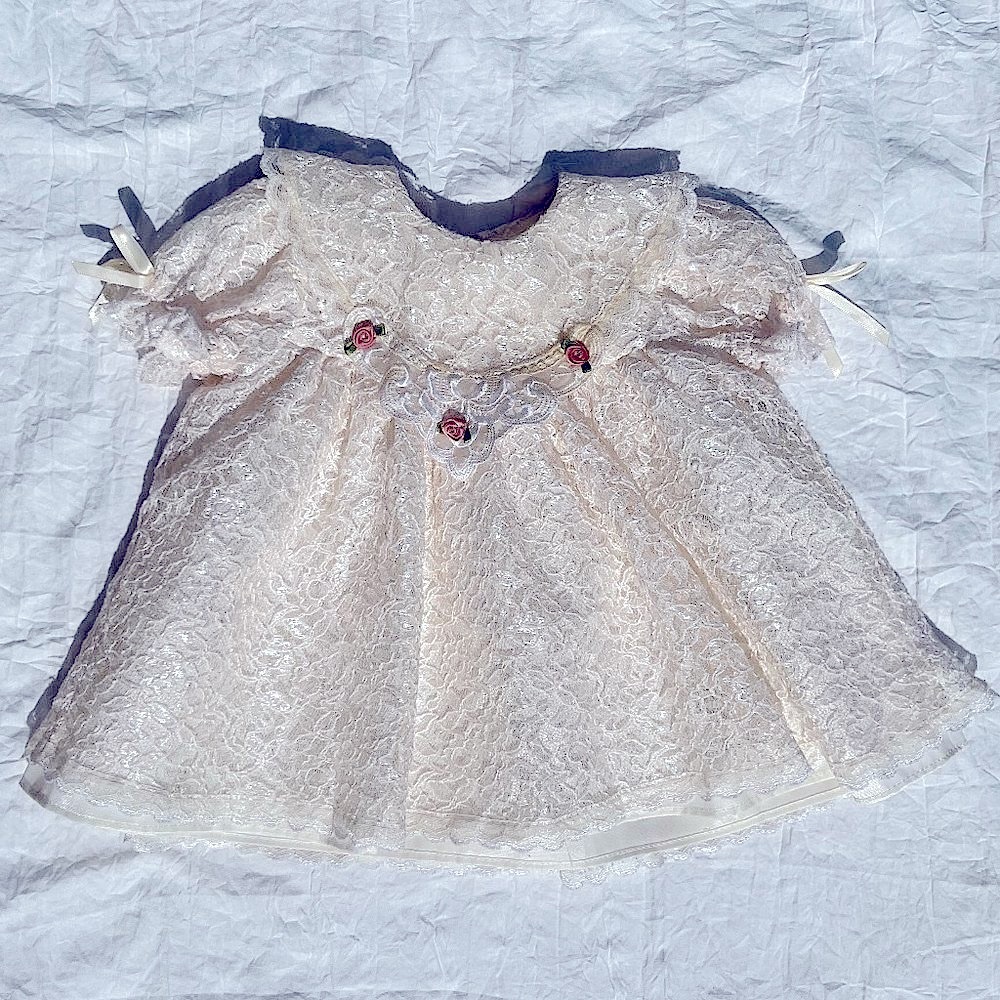 Vintage Lace Rose Bud Puff Sleeve Baby Dress